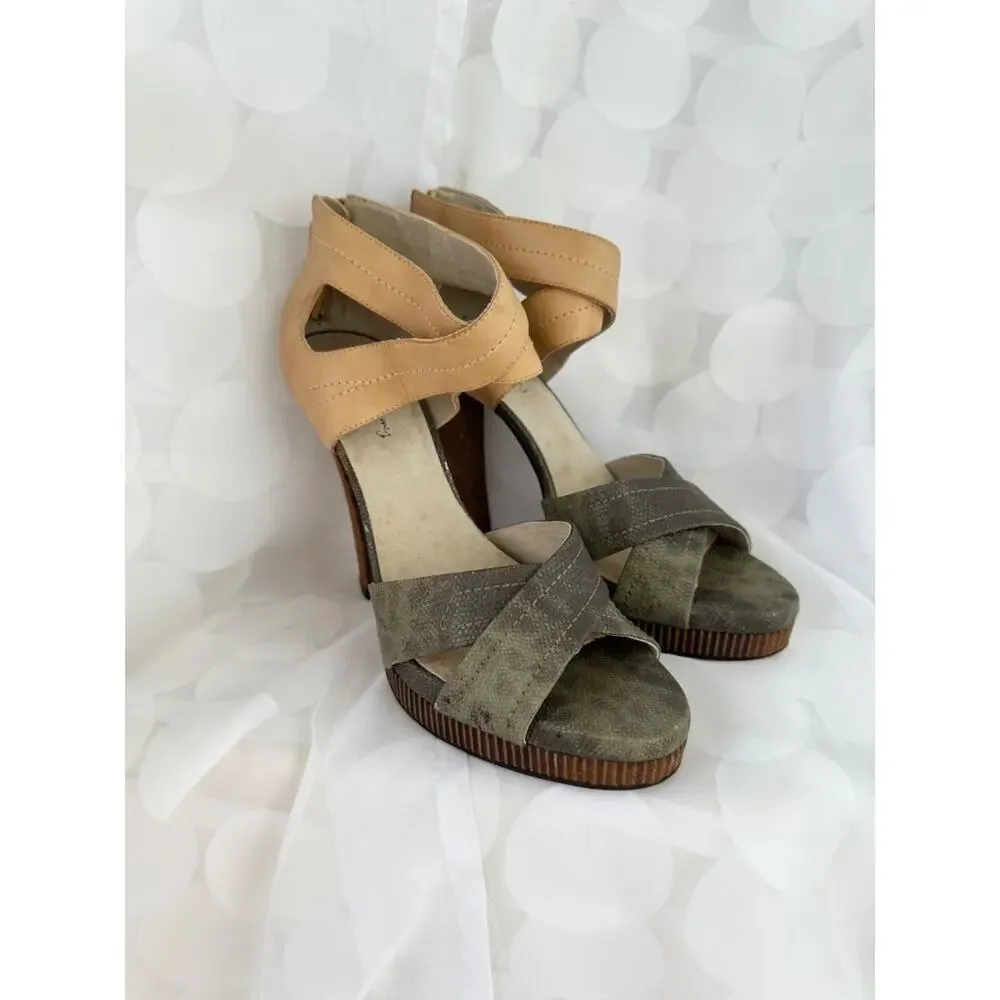 Elizabeth & James 10 Strappy Wood HIGH heels leather Gray Reptile ankle strap